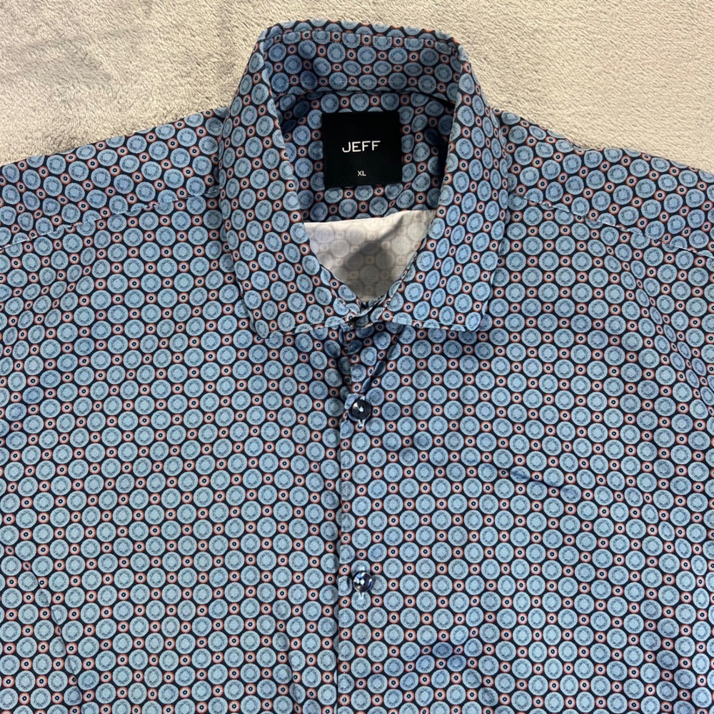 JEFF Button Down‎ Shirt Mens XL Blue Geometric Circle Print Short Sleeve Cotton
